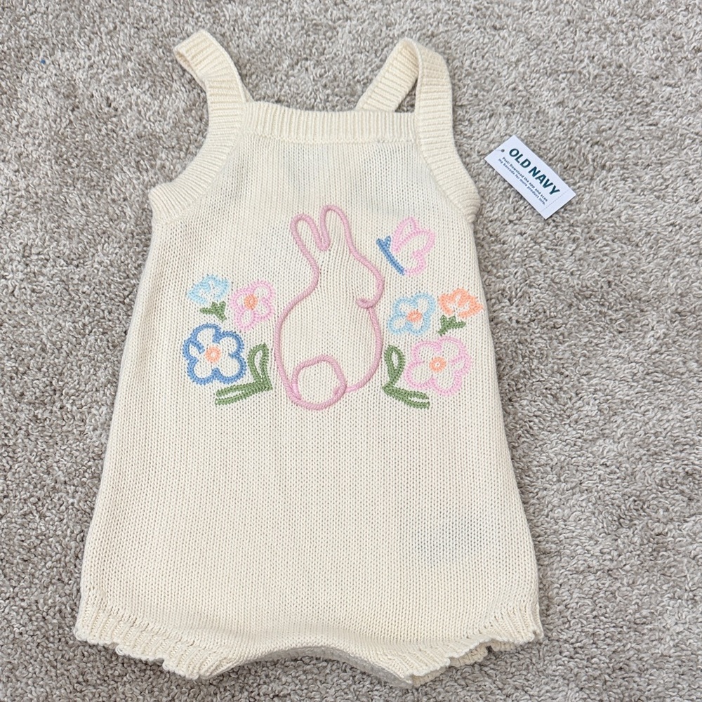 Old Navy Cream Knit Bunny Romper with Pastel Floral Embroidery